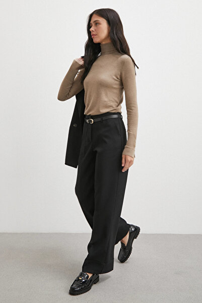 TRENDQUEL High Waist Leg Detail Belted Trousers Black