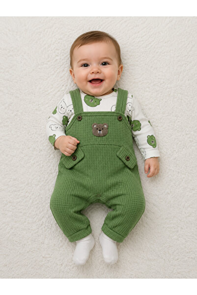 EYMİRGİYİM Cotton Teddy Bear Motif Waffle Fabric Baby Boy 3-Piece Romper 3 Mo...