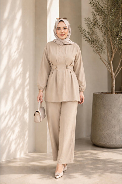 ASTEMİA Women's Gold Brooch Detailed Two-Piece Hijab Suit with Adjustable Wai...