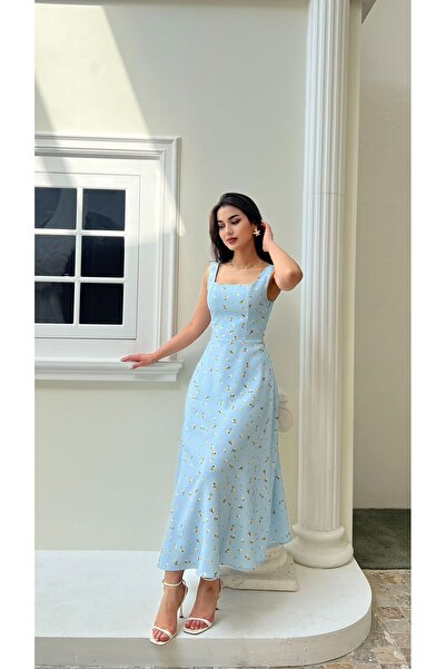 Nida Boutique Askılı Kare Yaka Arka Bağlama Detaylı Çiçekli Midi Boy Double E...
