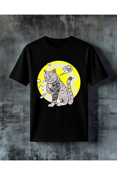 COMVİCHO Cat Tattoo Neon Print Oversized T-Shirt
