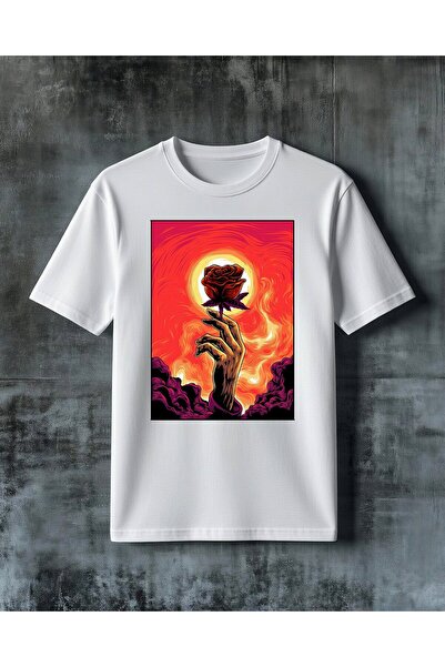 COMVİCHO Red Rose Handcrafted Printed Oversize T-Shirt