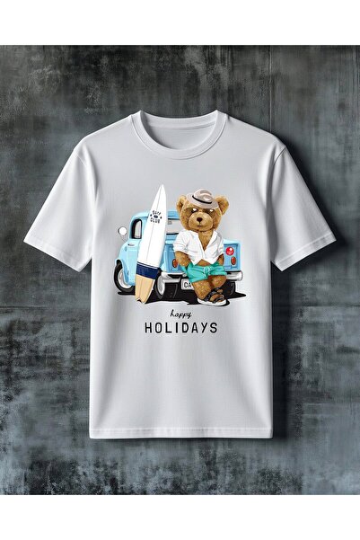 COMVİCHO Happy Holidays Ayicik Beach Printed Oversize T-Shirt