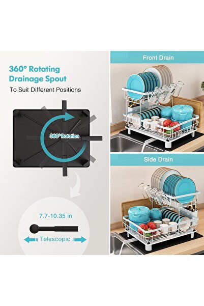 festive Dish Drainer Rack, 2 Tier Dish Drainer with Drip Tray and Drainer Mat...