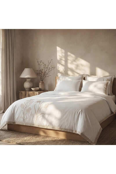 Ecocotton Leda Double Duvet Cover Set 100% Organic Cotton Linen Embroidered C...