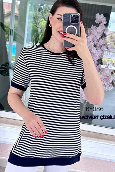 İnce Topuk Crew Neck Striped Viscose Blouse 6Y086