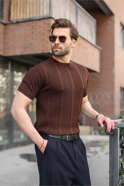 Madmext Brown Regular Fit Crew Neck Ribbed Knitwear Men's T-Shirt E7490