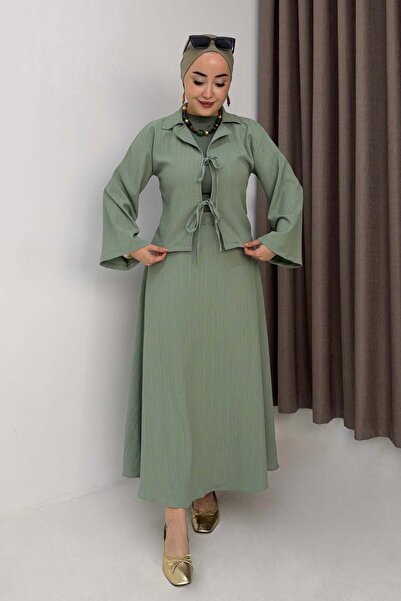 Raneel Kazançlı Alışveriş Women's Front Tie Crop Top - Skirted Set Green