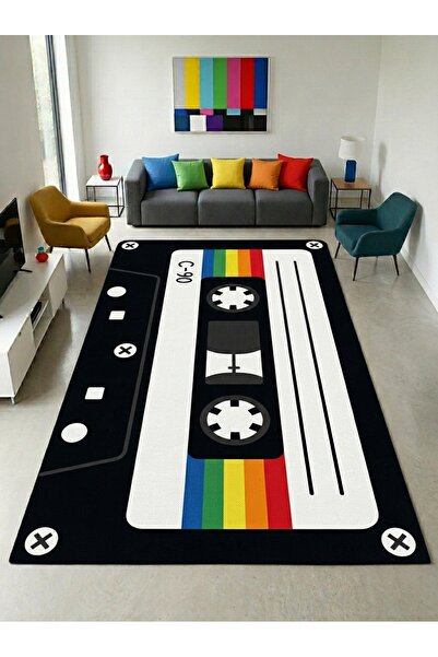 Rugs Modern Halı SDT Retro Kaset Tasarımlı Renkli Şeritli Gökkuşağı Nostaljik...