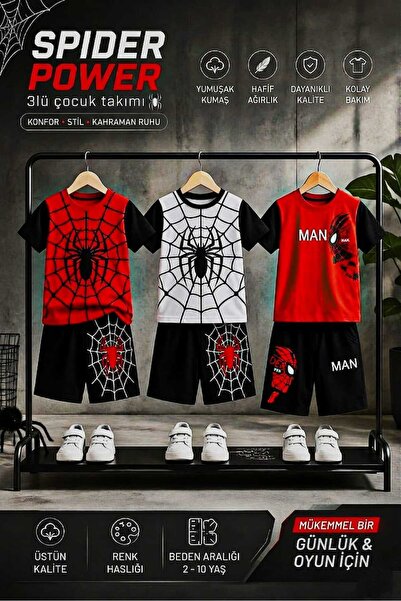 Kids Spider Power Erkek Çocuk 3'lü Takım - Örümcek Adam Temalı Pamuklu Tişört...