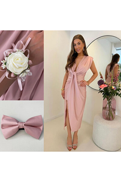 MONNET MODA Set rochie din satin elastic cu brățară și papion roz pudră