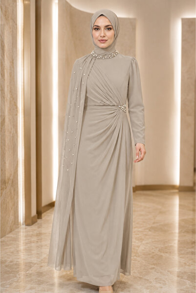 FERHEL Women's Pearl Detailed Tulle Cape Detailed High Neck Evening Dress - L...