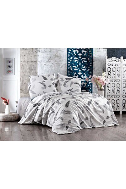 BAYÇAĞRI Double Elastic Sheet Cotton Duvet Cover Set Gray Leaf