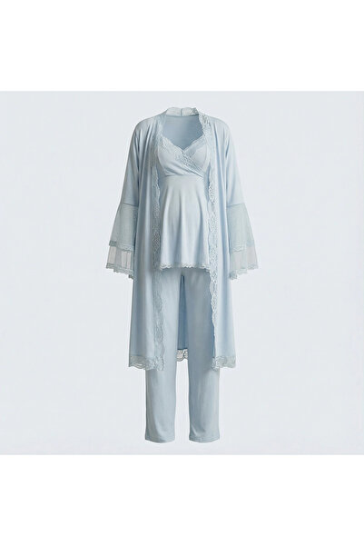 Lady Lingerie Maternity 3-Piece Pajama Set with Lace Robe – Nursing Top & Pan...