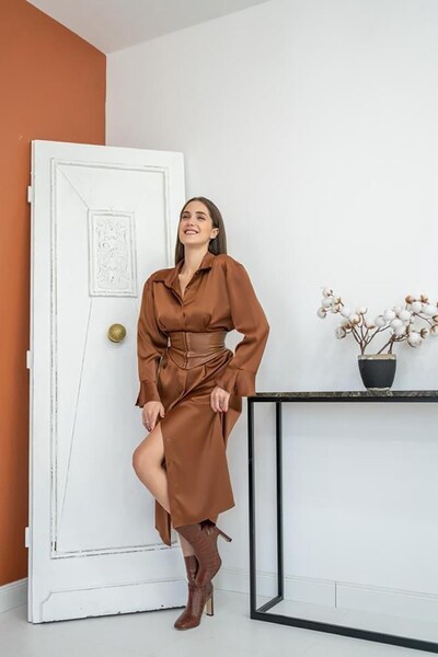 ozelia Brown Leather-Trimmed Satin Dress