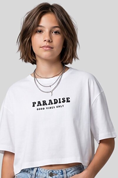ww waka waka kids store Girl's Paradise Printed Oversize Crop T-Shirt - White