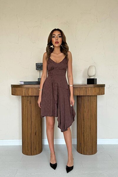 ozelia Brown Jacquard Asymmetrical Dress