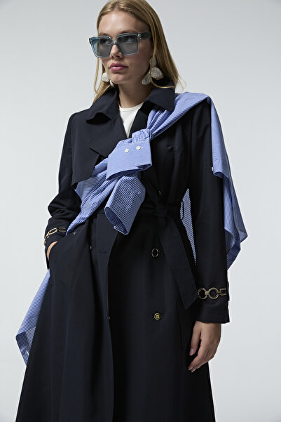 Zühre Double-Breasted Collar Belted Navy Blue Trench Coat 14043