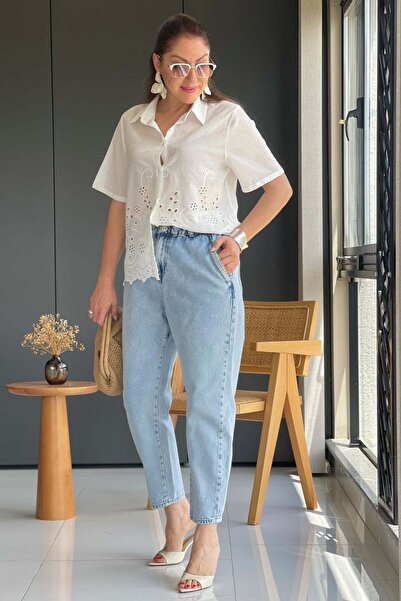 MİSLİNA BUTİK Bel Lastik Detay Buz Mavi Jean