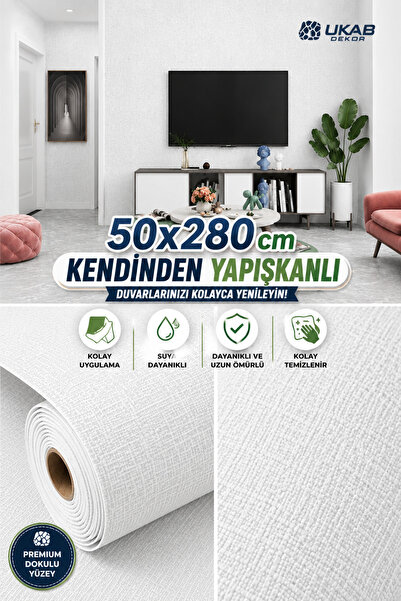 UKAB DEKOR Beyaz Dokulu 3D Kendinden Yapışkanlı Silinebilir Dekoratif Duvar K...