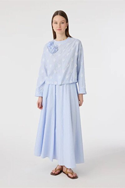 Zühre Floral Appliqué Striped Textured Blue Suit 1830