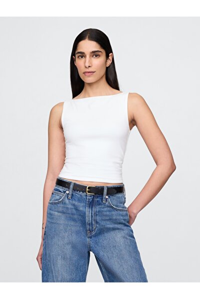 GAP Kadın Beyaz CloseKnit Jersey Boatneck Crop Kolsuz Üst