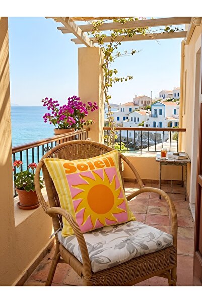 Soleil Printed Sun Pattern Double Sided Striped Suede Pillowcase - 43x43cm - Summer Pillowcase