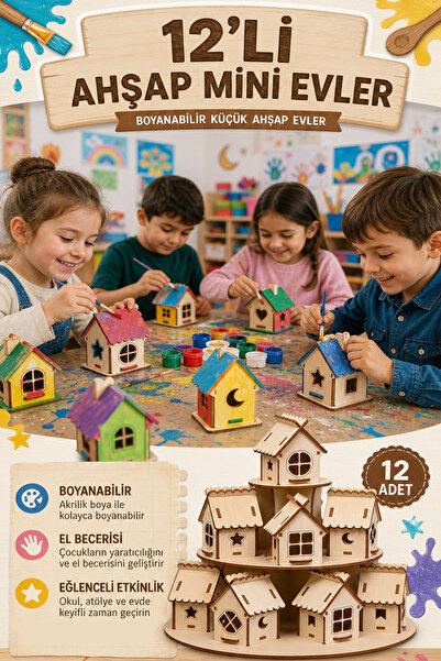 kutuTR 12’li Ahşap Mini Evler Boyanabilir MDF Hobi ve Etkinlik Seti Çocuk El Beceri Oyuncağı Maket Ev