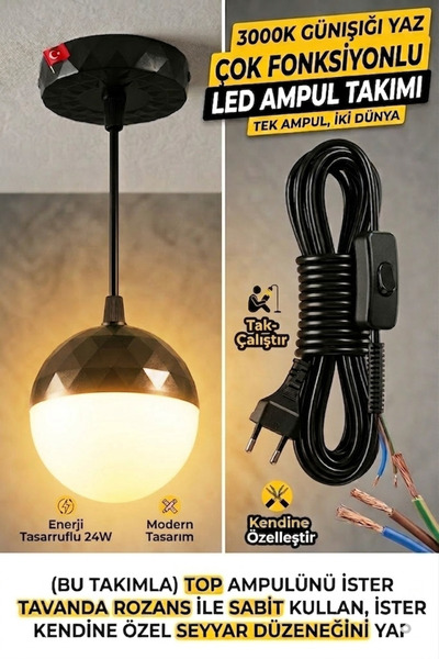 ECONA 24W GÜNIŞIĞI-3000K Çok Fonksiyonlu Led Top Ampul Takımı ,Hem Tavan Askı...