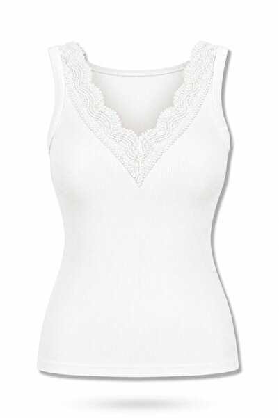 5in1Canpolat Ecru Lace Ribbed Athlete's Undershirt 2665