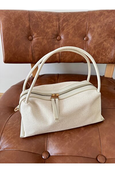 Tina İstanbul Linen Mini Hand and Shoulder Bag with Leather Strap Cream