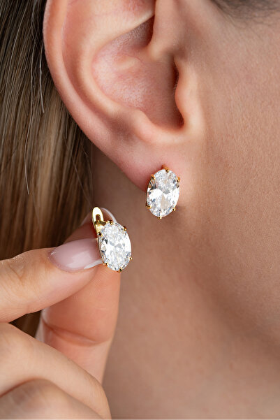 Silvano Jewelry 925 Ayar Gümüş Oval Taşlı Pırlanta Model Küpe