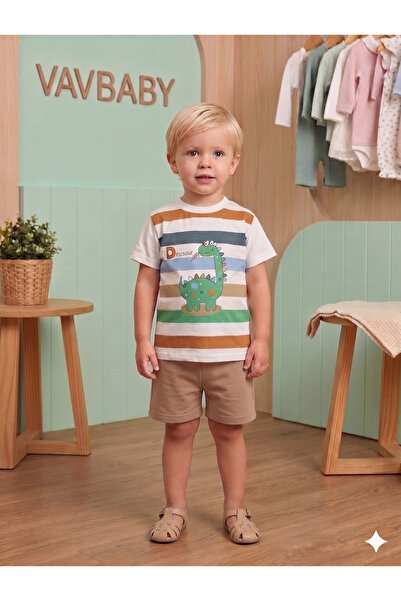VaVbaby Boys Dinosaur Print Striped Short Sleeve T-Shirt and Shorts Set - Brown