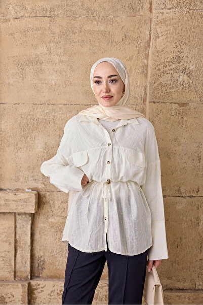 LOCCO Women's Symmetrical Pattern Waist Tie Shirt Ecru