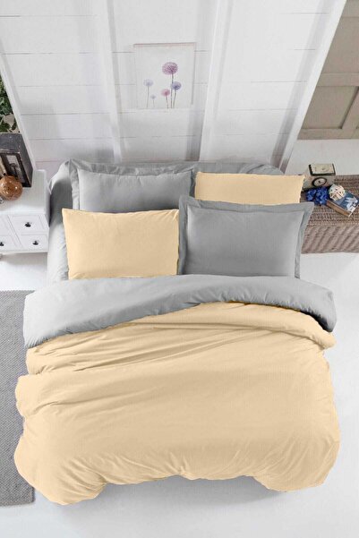 BAYÇAĞRI Double Fitted Sheet Duvet Cover Set Cotton Four Season Beige Gray