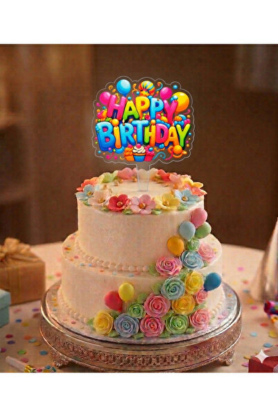 BEST PARTİ Balonlu Happy Bırthday Doğum Günü Pasta Üstü Pleksi Yazı