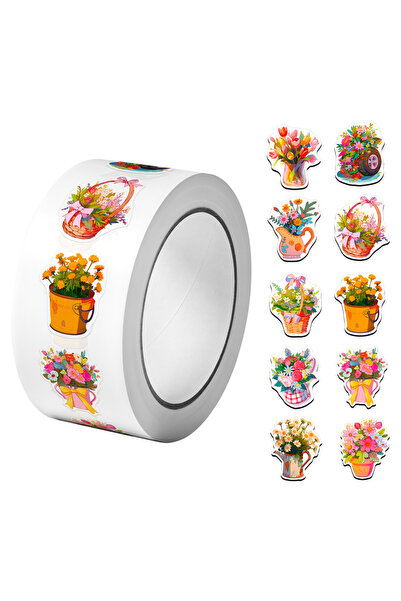 Choice KO001 1Roll(500Pcs) Potted Flowers Stickers 2.5cm/1.0'' 10 Designs Dec...