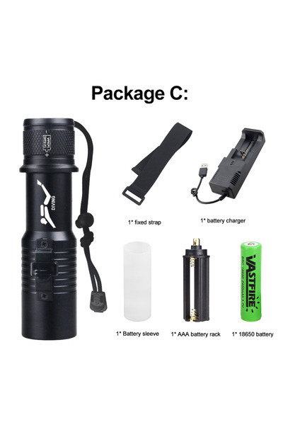 Choice1 مصباح غوص LED احترافي أسود مع بطارية 18650، كشاف تحت الماء قوي الإضاء...