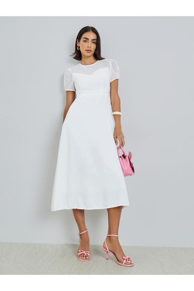 Styli White Round Neck A-Line Midi Dress