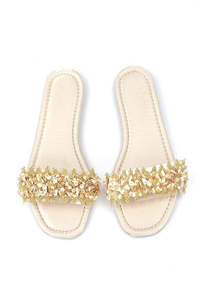 Gökhan Talay Coral Beige Shiny Satin Handmade Natural Stone Women's Slippers
