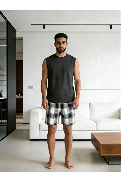 Take Two By Styli Men Solid Round Neck Tank and Checked Shorts Set