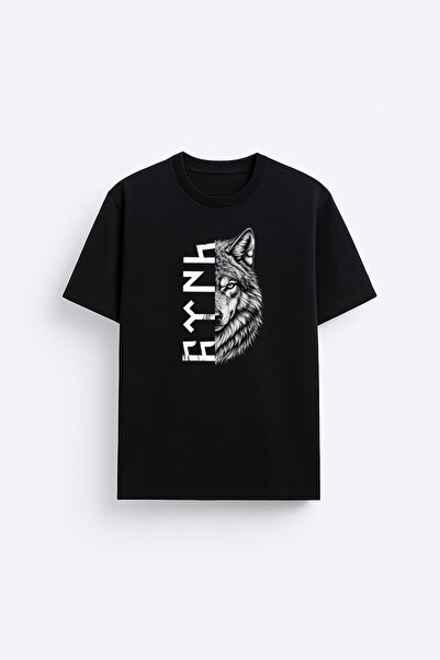 AYDESİGN Turkish Bozkurt Wolf Printed Cotton Fabric Black T-Shirt T-Shirt