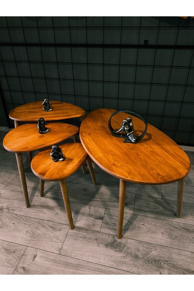 Senka Wood Doğal Masif Ahşap Modern İskandinav asimetrik Orta Sehpa ve 3lü Zi...