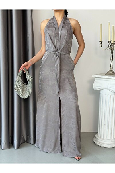 LOKADI Women's Jacquard Patterned Halter Neck Tie-Waist Slit Satin Evening Dress