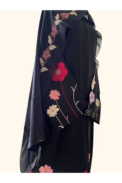 Musk Couture Elegant Black Floral Embroidered Abaya with Matching Sheila
