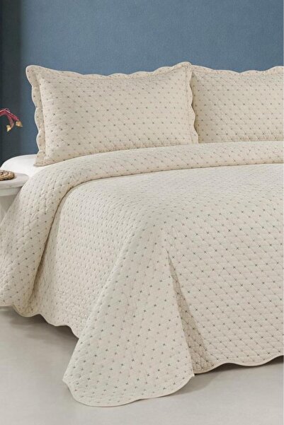 Çeyiz Diyarı Velura Luxury Embroidered Velvet Double Bedspread Cream