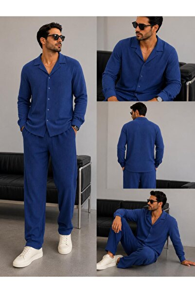WENMİNG Bürümcük Crinkle Fabric Summer Lycra Men's Shirt and Pants Set