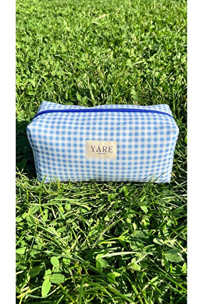 Yare Atelier Blue Gingham Fabric Makeup Bag, Portable Travel Size Makeup Bag