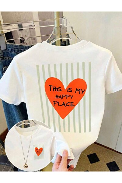 LELVANİ Women's This Is My Happy Place Heart Printed Crewneck T-Shirt