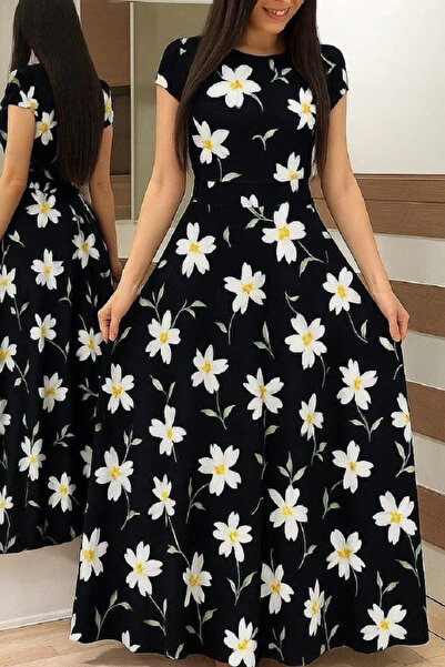 AZRA BUTİK Short Sleeve Daisy Crepe Dress Black
